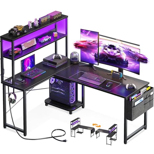 AODK L Shaped Desk Gaming Desk with LED Light & Power Outlet, 53 Inch Reversible L Shaped Computer Table with Shelf & Storage Bag & Hook for Home Office, Grey Oak