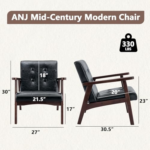 ANJ Mid Century Modern Accent Chair, Tufted Fabric Upholstery, Wood Frame, Beige