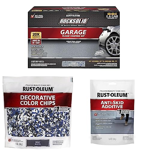 Rust-Oleum 293513 Rocksolid Polycuramine Garage Oil Floor Coating, 2.5 Car Kit, Gray & 301359 Decorative Color Chips, Gray Blend, 1lb(454g) & Oil 279847 EPOXYShield Anti Skid 3.4-Ounce