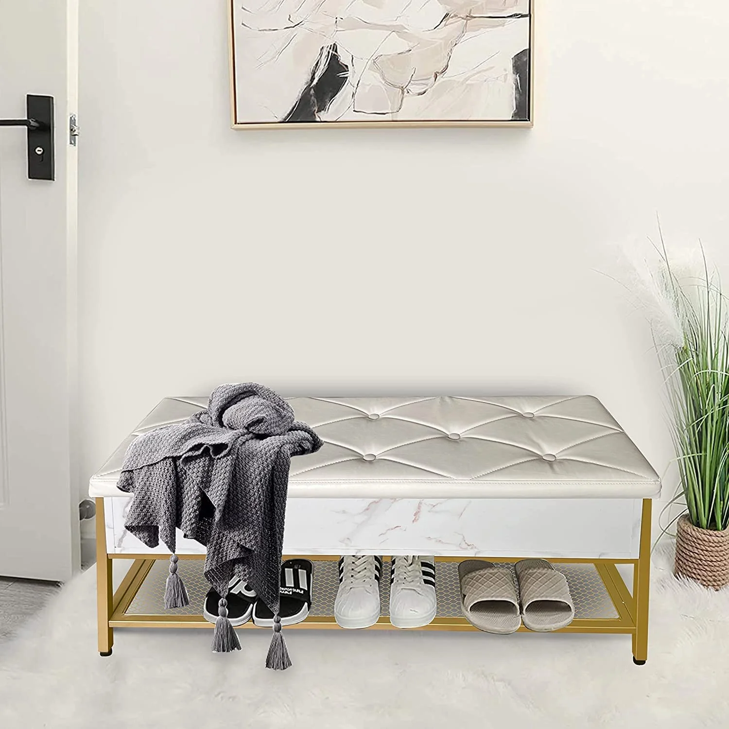 YGDU Shoe Storage Bench Bed End Stool with Padded Seat and Metal Frame for Hallway Living Room Bedroom 39.3X13.7X17.7 Inches(Gold & White)
