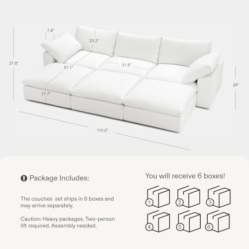 Cloud Couch Oversized Modular Sectional Sofa True Relax Comfy Couches Wide&Deep Seat Sofas for Living Room Metal Frame Furniture Sets, 3 Seater with Ottoman L Shaped 110.2