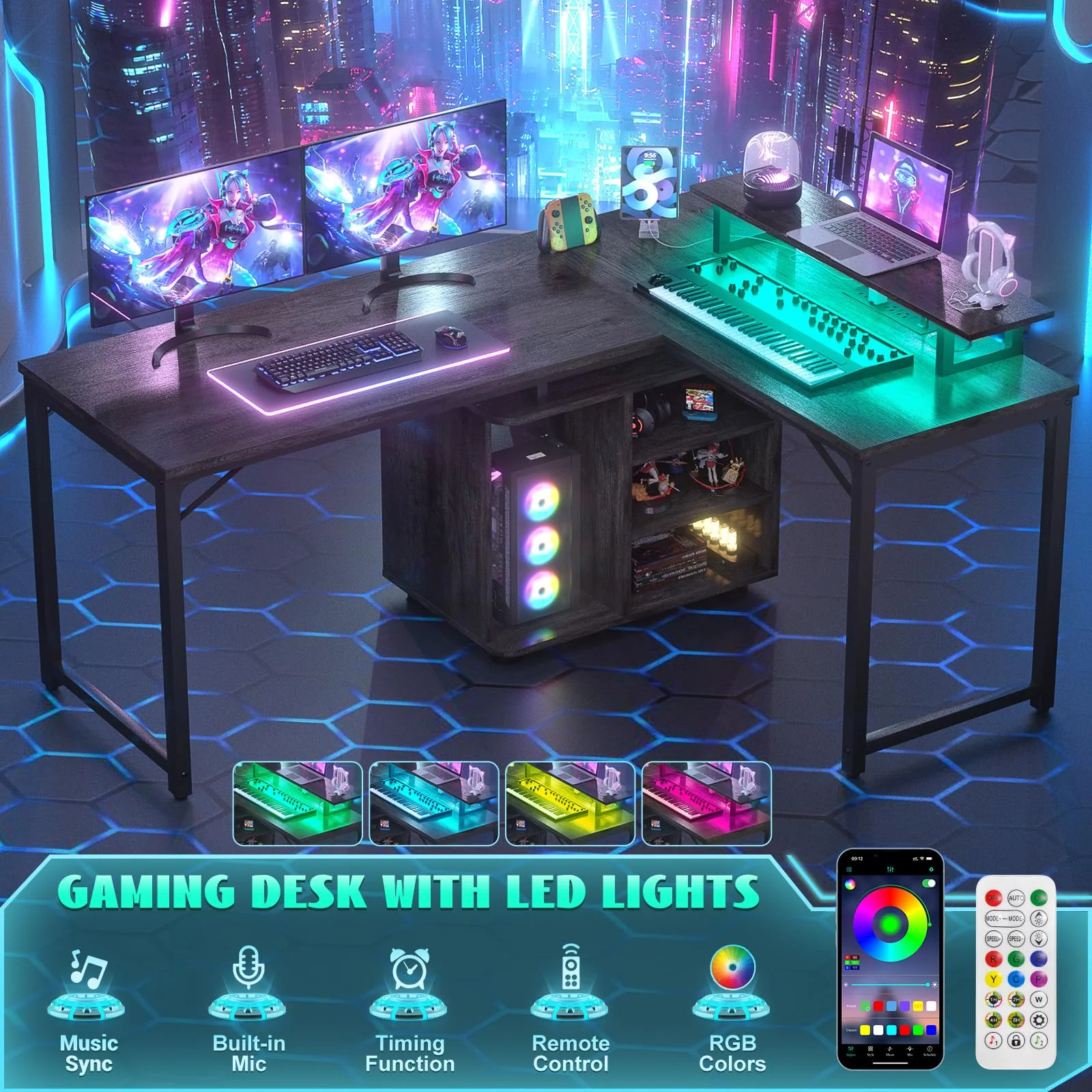 Homieasy L Shaped Computer Desk, 58'' Reversible Gaming Desk with LED Strip & Adjustable Monitor Stand, Office Desk with Cabinet & Outlets, Corner Desk 2 Person Writing Study Table, Black Oak