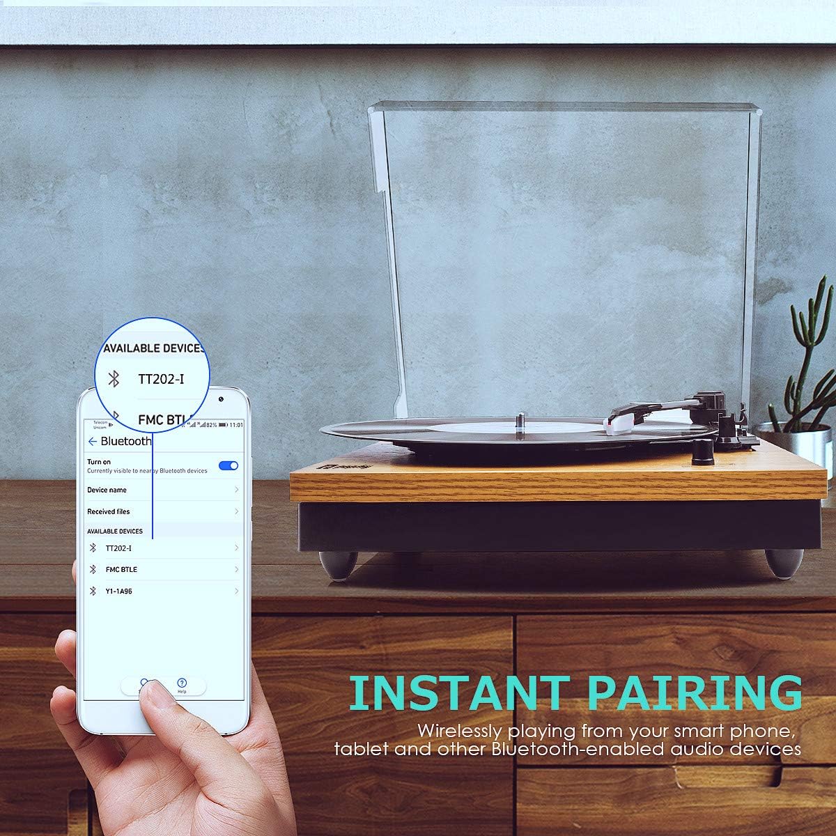 Record Player, Popsky Vintage Turntable 3-Speed Bluetooth Record Player with Speaker, Portable LP Vinyl Player, RCA Jack, Natural Wood