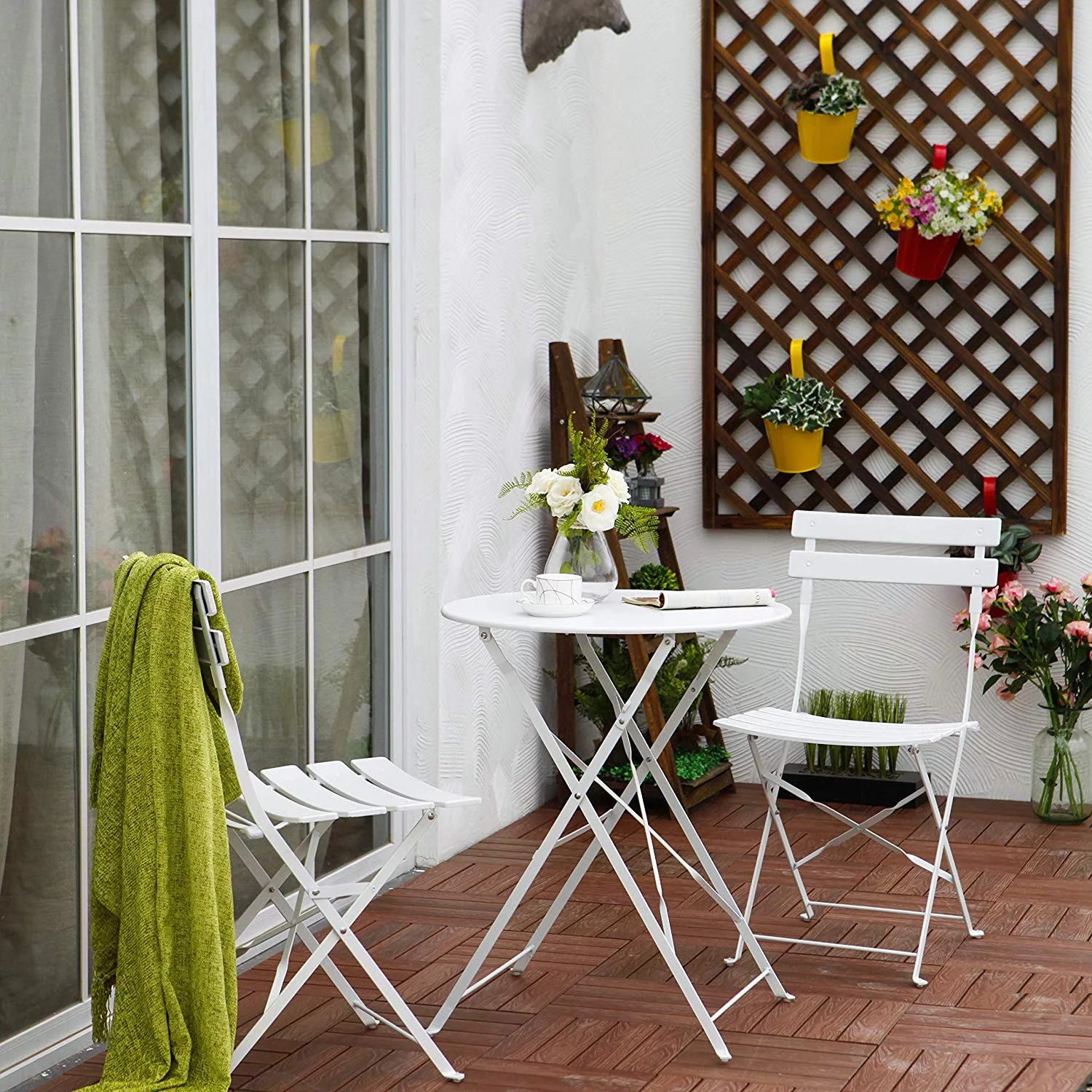 Boyel Living Patio Bistro Set, Folding Outdoor Patio Table and Chairs, Foldable Patio Steel Furniture Sets, White