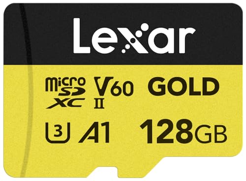 Lexar 128GB Professional Gold Micro SD Card, UHS-II, C10, U3, V60, A1, Full HD, 4K, Up to 280/100 MB/s microSDXC Memory Card, for Drones, Action Cameras, Portable Gaming Devices (LMSGOLD128G-BNNNG)
