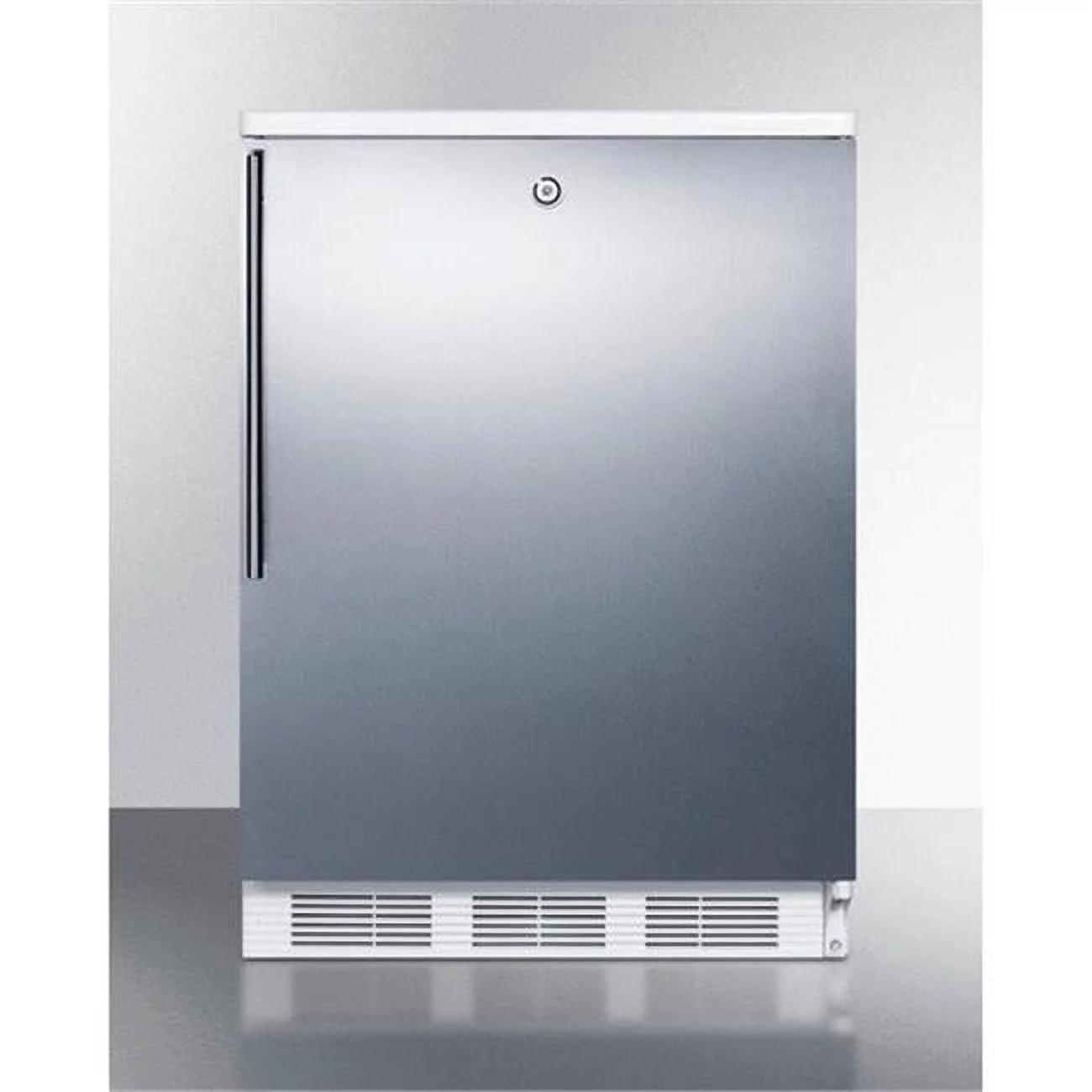 Commercially listed built-in undercounter all-refrigerator for general purpose use, auto defrost w/lock, SS door, thin handle, and white cabinet