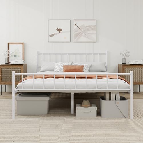 Metal Platform Full Bed Frame with Headboard Sturdy Steel Slats Support No Box Spring Needed Easy Assembly White