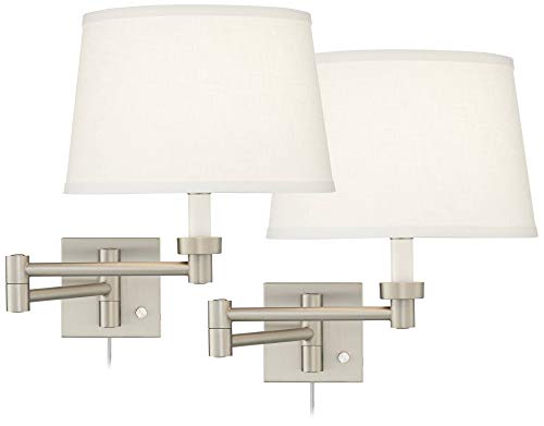 Possini Euro Design Modern Indoor Swing Arm Wall Lamp Brushed Nickel Plug-in Light Fixture Dimmable White Linen Tapered Drum Shade for Bedroom Bedside House Reading Living Room Home Hallway Dining