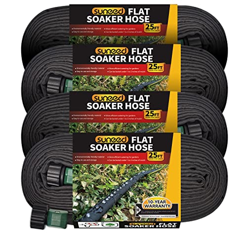 4 Pack Flat Soaker Hose 25FT for Garden Beds, Lightweight Drip Soaker Hose 100 ft for Foundation Watering of Plants – Garden Sprinkler Soaker Hoses with Heavy Duty & Easy to Install (25ftx4)