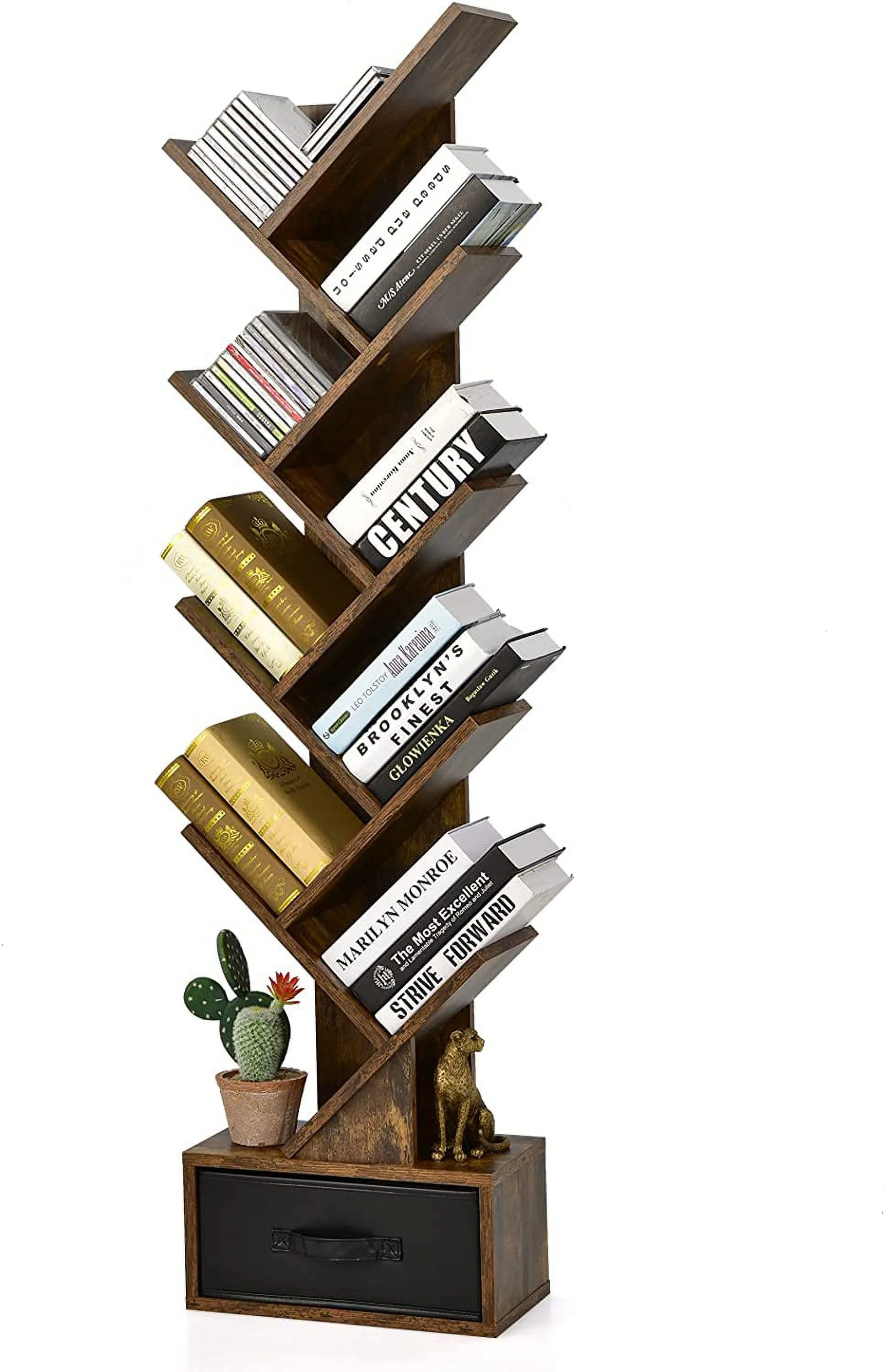 Tree Bookshelf with Drawer, 10 Shelf Space Saving Wooden Bookcase, Freestanding Retro Wood Storage Rack, Rustic Brown