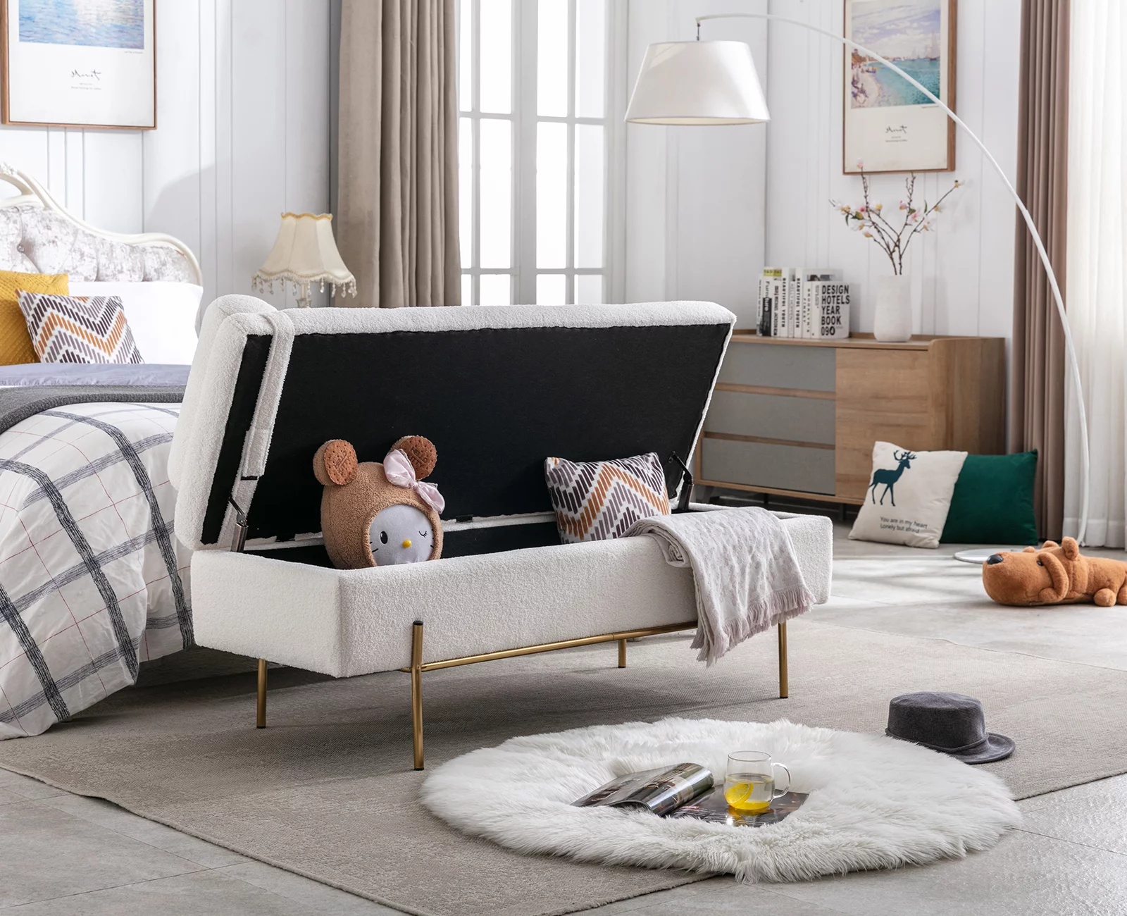 Guyou 54 inches End of Bed Bench, Faux Fur Upholstered Storage Ottoman Bench Long Bench with Gold Legs for Bedroom Living Room Foyer Indoor Entryway , Black