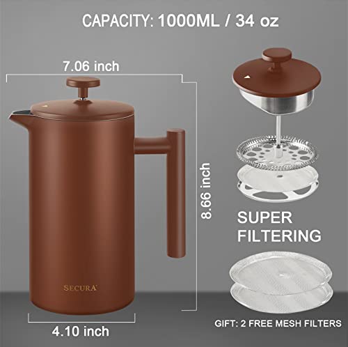 Secura French Press Coffee Maker, 304 Grade Stainless Steel Insulated Coffee Press with 2 Extra Screens, 34oz (1 Litre), Silver