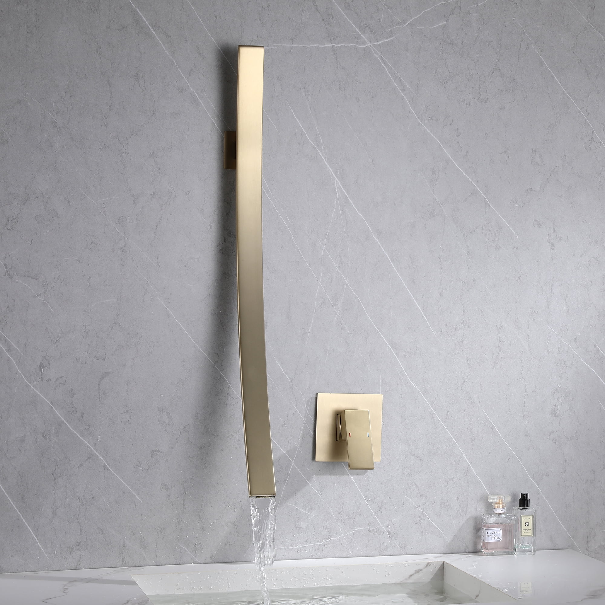 Waterfall Wall Mounted Bathroom Sink Faucet, Solid Brass Single Handle Faucet