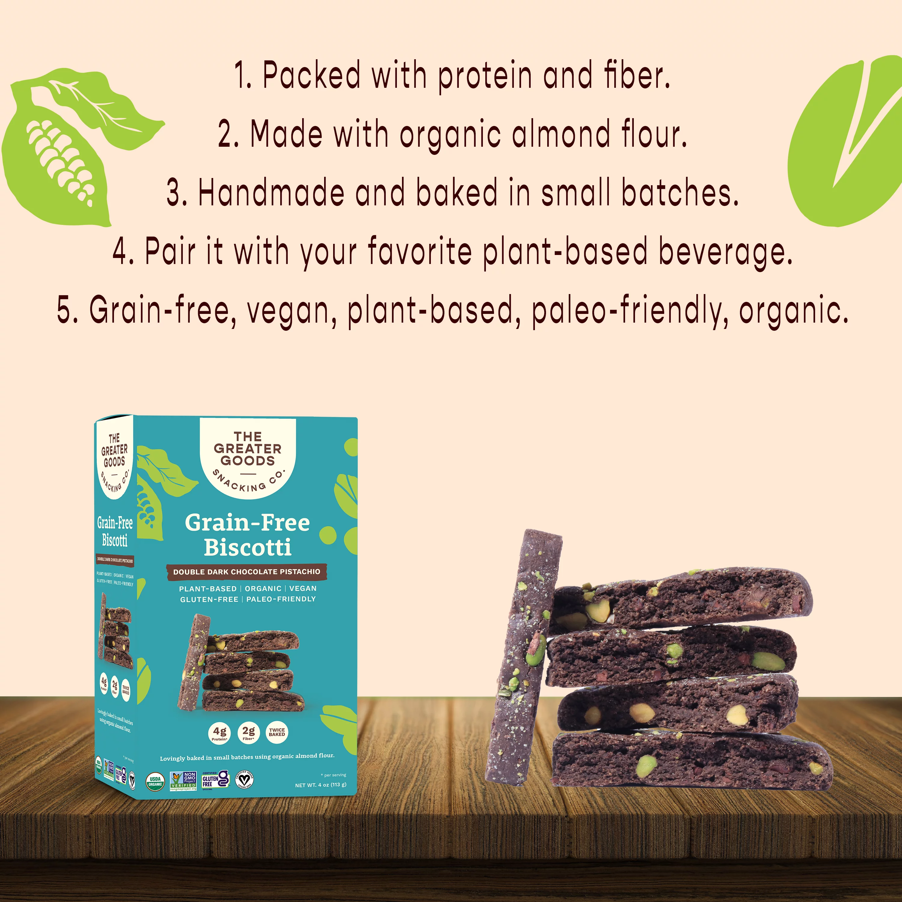 The Greater Goods Snacking Co., Gluten Free Double Dark Chocolate Pistachio Biscotti Cookies, 4oz, 6 Boxes