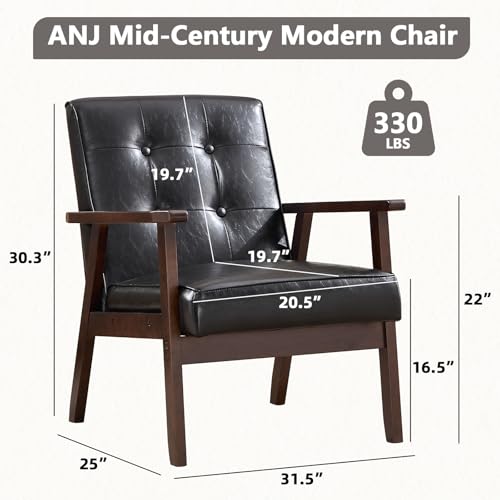 ANJ Mid Century Modern Accent Chair, Tufted Fabric Upholstery, Wood Frame, Beige