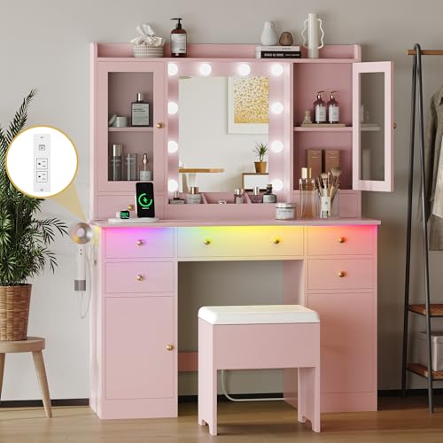 Makeup Vanity Desk with Mirror and Lights, White Vanity Table Set with Storage Drawers, Charging Station, Cabinets & Chair, Large Dressing Table with RGB Ambient Light for Women Girls Bedroom Bathroom