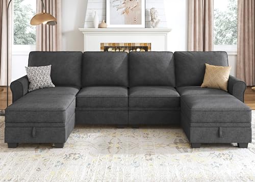 HONBAY Sectional Sofa with Storage Seat U Shaped Sectional Couch with Reversible Chaise Convertible Sectional Couches for Living Room,Light Grey