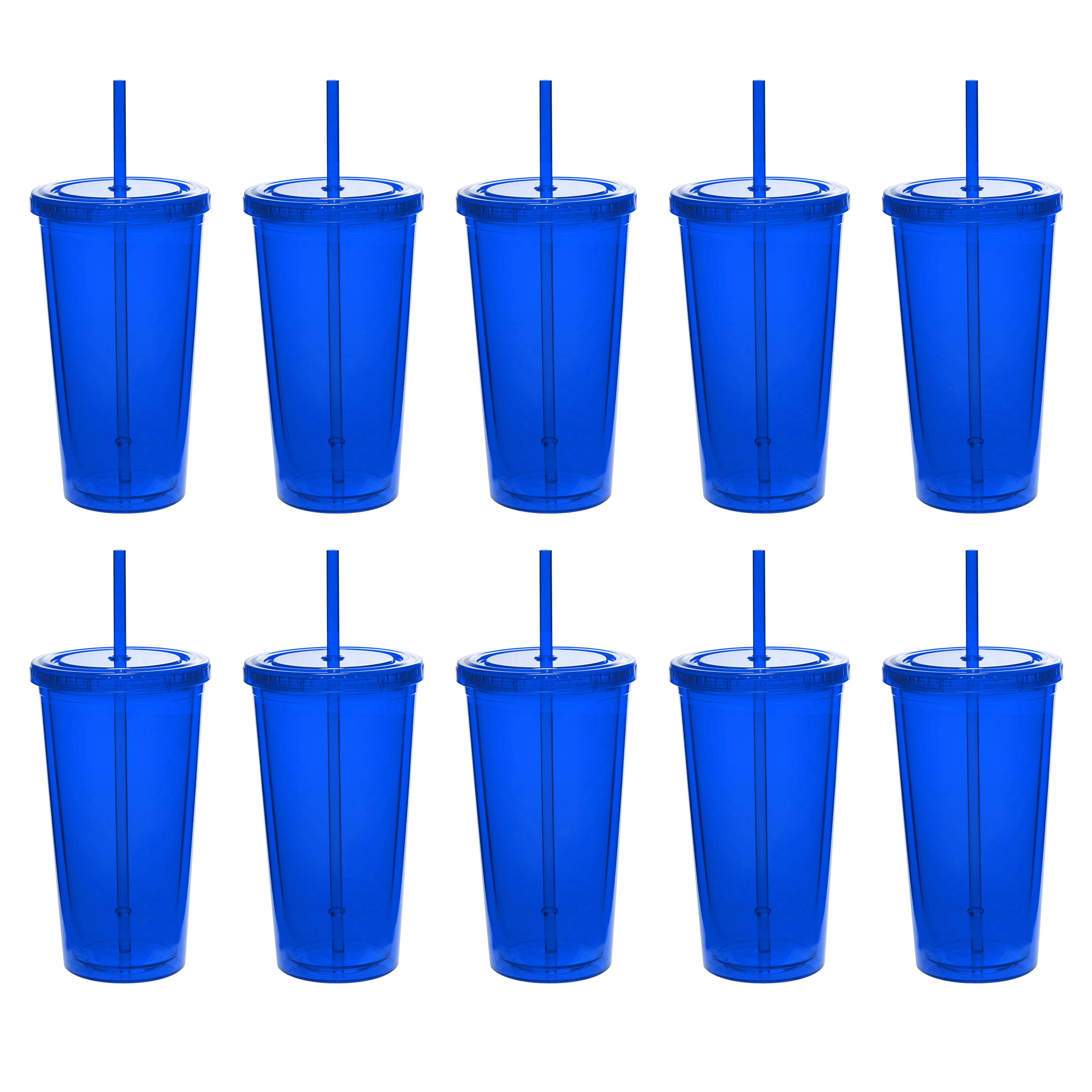 Double Wall Acrylic Tumblers 20 oz. Set of 10, Bulk Pack - BPA Free, Perfect for Iced Coffee, Soda, Other Hot & Cold Beverages - Blue
