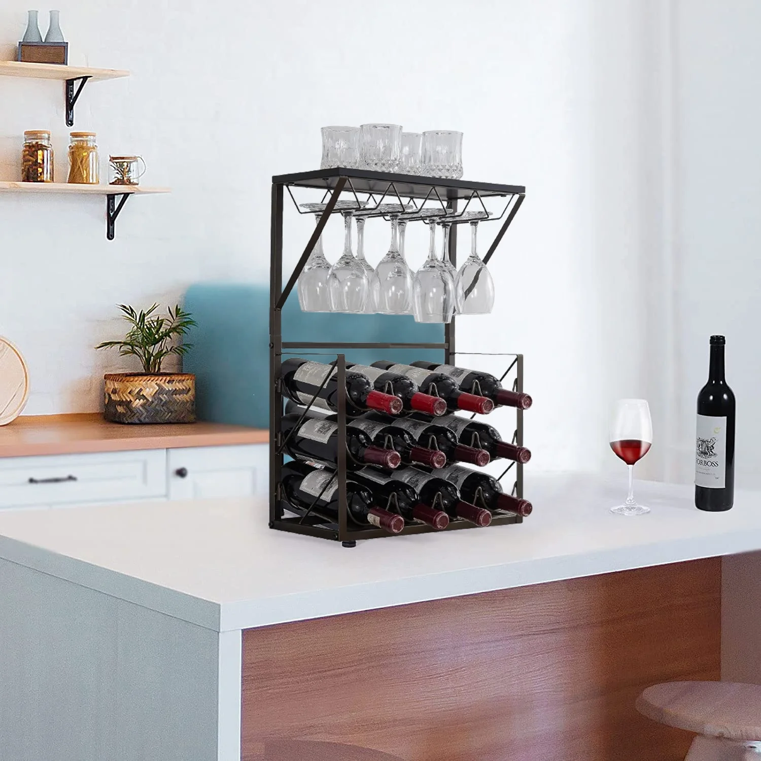 Kings Brand Furniture - 12 Bottles Countertop Wine Rack Stand with Glass Holder, Wine Storage Cabinet Shelf, Pewter/Marble