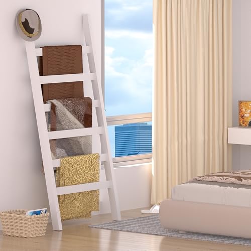 Blanket Ladder, 6 Tier Blanket Holder, 68.9 Inch Tall Blanket Rack, Ladder Shelf Against The Wall, Rustic Bamboo Quilt Rack Stand in Bathroom, Living Room, Bedroom, White