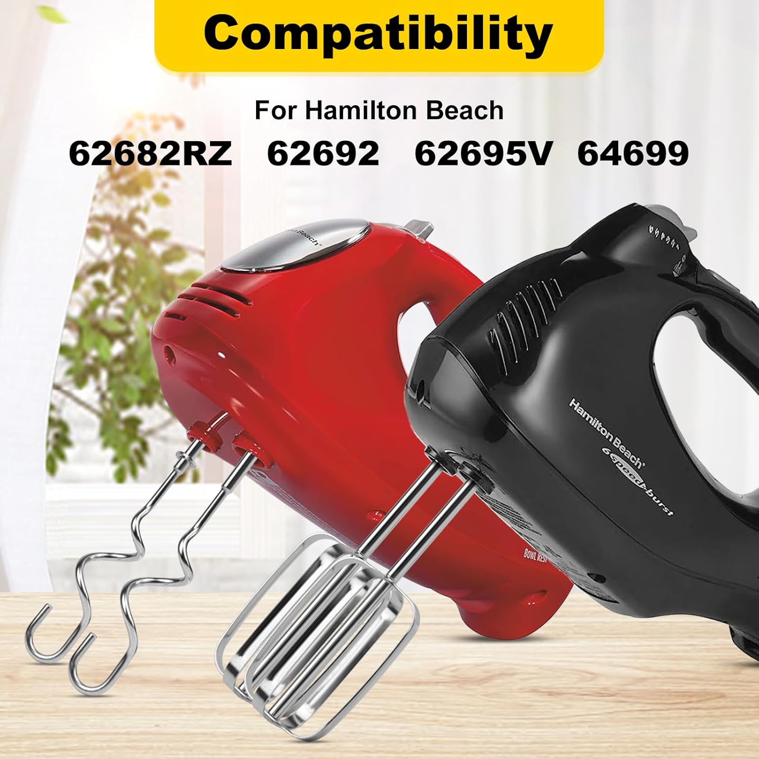 for Hamilton Beach Mixer Attachments, Hand Mixer Beaters Whisk & Dough Hooks, Compatible with Hamilton Beach Hand Mixer Replace Parts 62682RZ 62692 62695V 64699 (Pack of 4)