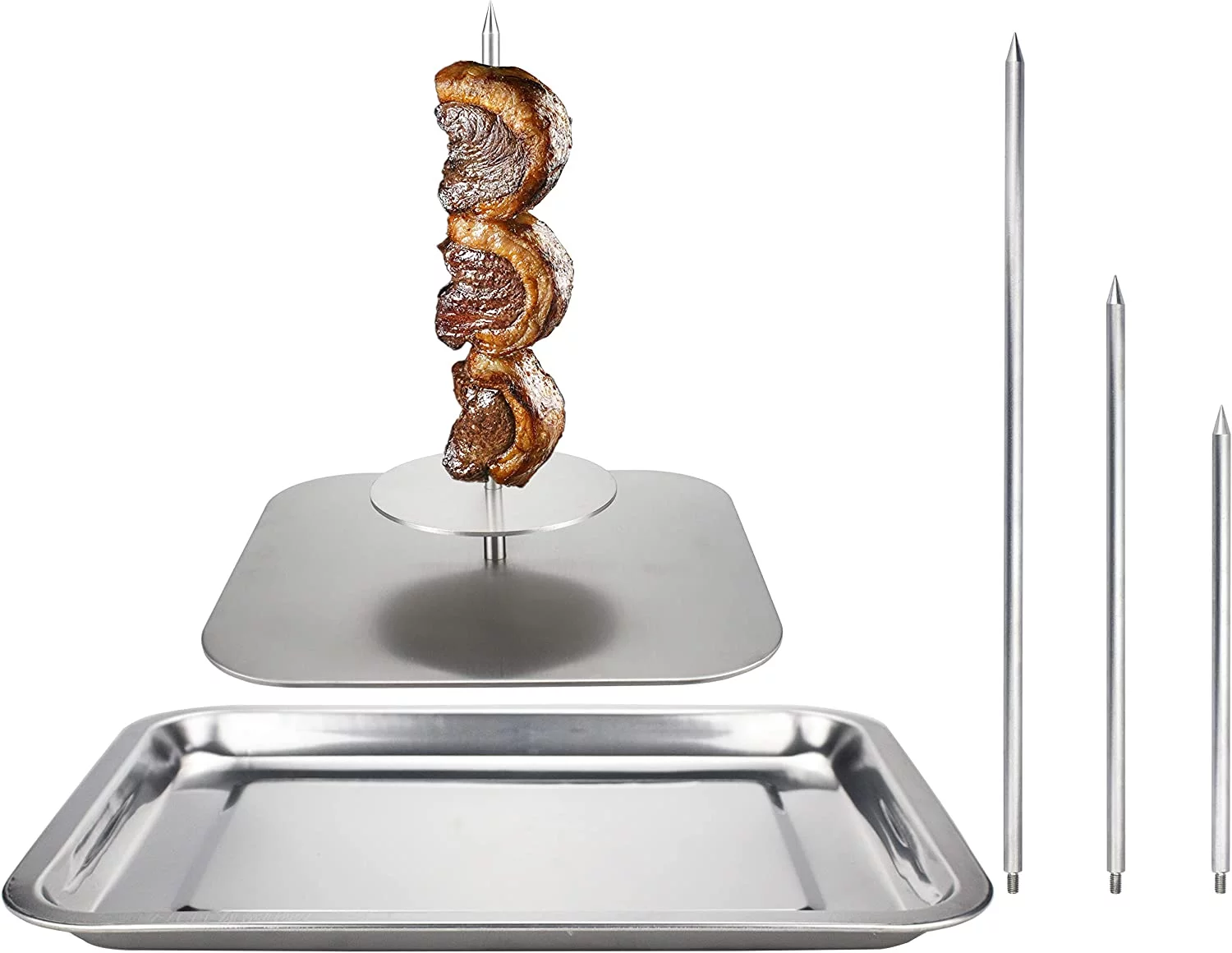 Stainless Steel Vertical Skewer for Barbecue Grill, For Tacos Al Pastor, Shawarma, Brazilian Churrasco, Removable Grilling Rack Meat Spit (With Bakeware)