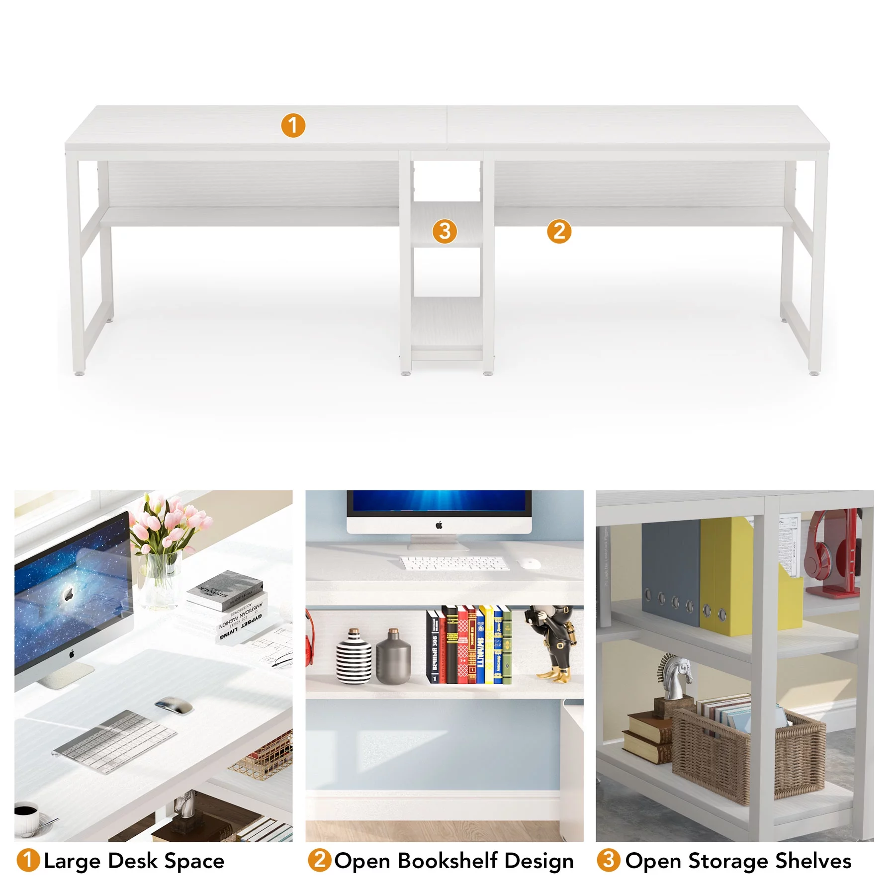 Tribesigns Two Person Desk with Bookshelf, 78.7 Computer Office Double Desk for Two Person, Rustic Writing Desk Workstation with Shelf for Home Office (White)