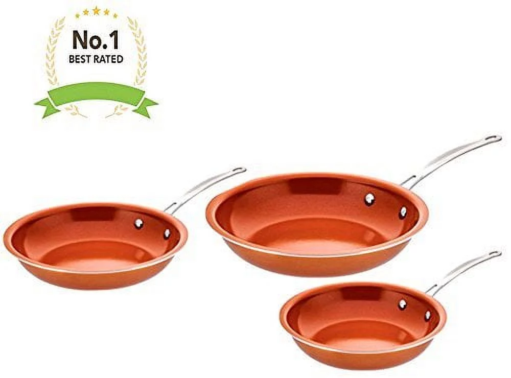 Award Winning Non Stick Copper Ceramic 3 Piece Pan Set - Round Skillet Frying Pan - Even Heating with Induction Bottom Steel Handle