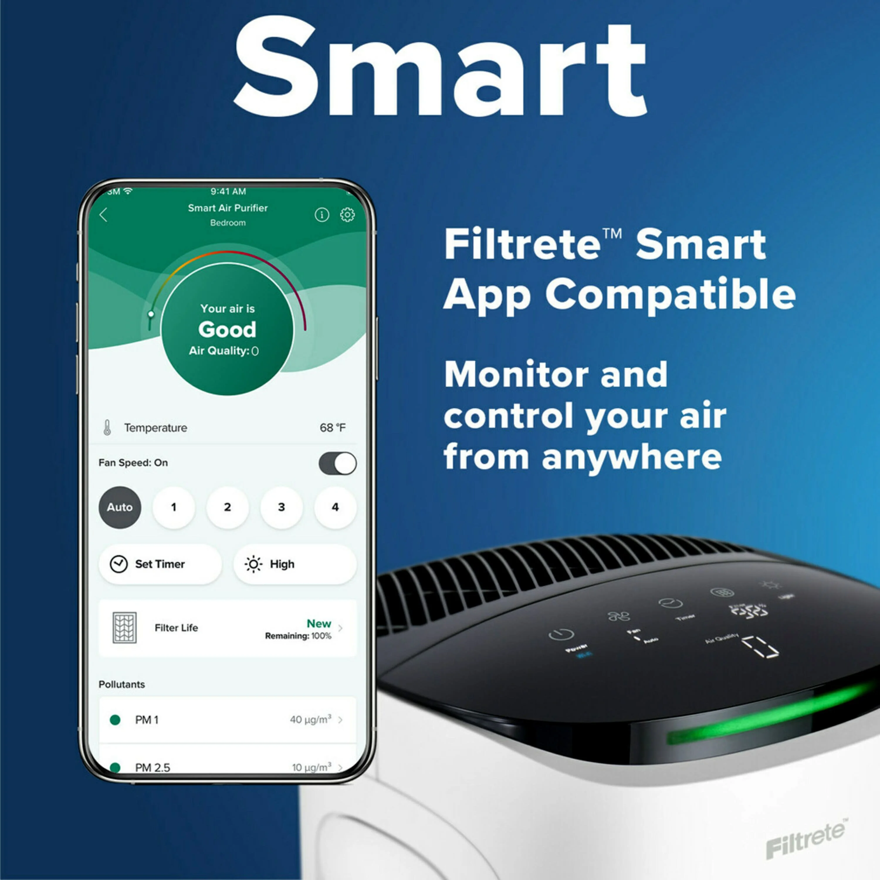 Filtrete Large Air Purifier, White, 310 ft. Coverage, Carbon True HEPA, 1 Smart Device