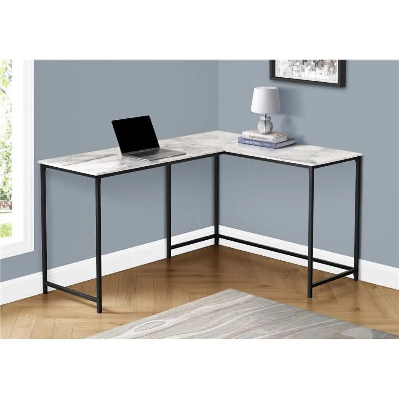 58 in. Metal Corner Computer Desk, White Marble - Black