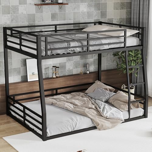 Heavy Duty Bunk Bed Frame with Ladder, Twin XL Over Twin XL Bunk Beds with Safety Guardrails, Adults Bunk Beds with Noise-Reducing Rubber Stoppers, Easy Assemble, Black