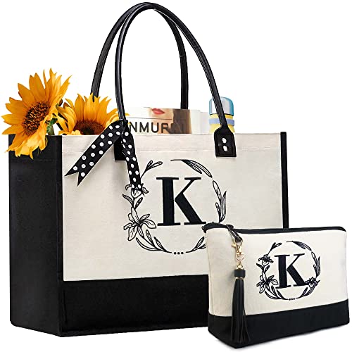 BeeGreen Mother's Day Gifts Personalized Women's Large White and Black Canvas Tote Bag, Embroidered Initials, Leather Handle, Zipper Closure