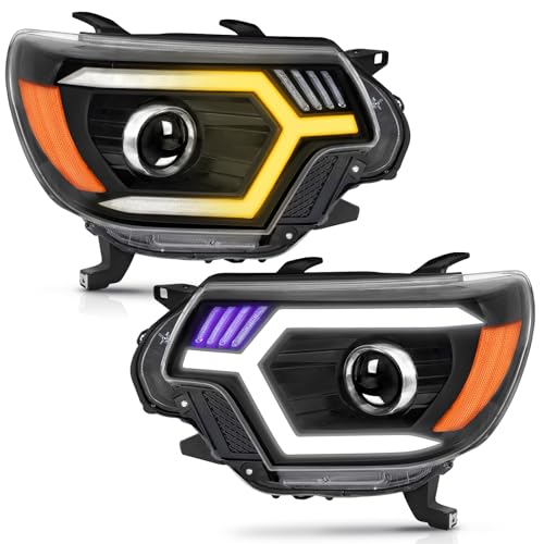 500% Brighter LED Headlight Assembly Compatible With 12-15 Tacoma w/Sequential Turn Signal 2012-2015 Tacoma Black Housing Amber Relfector