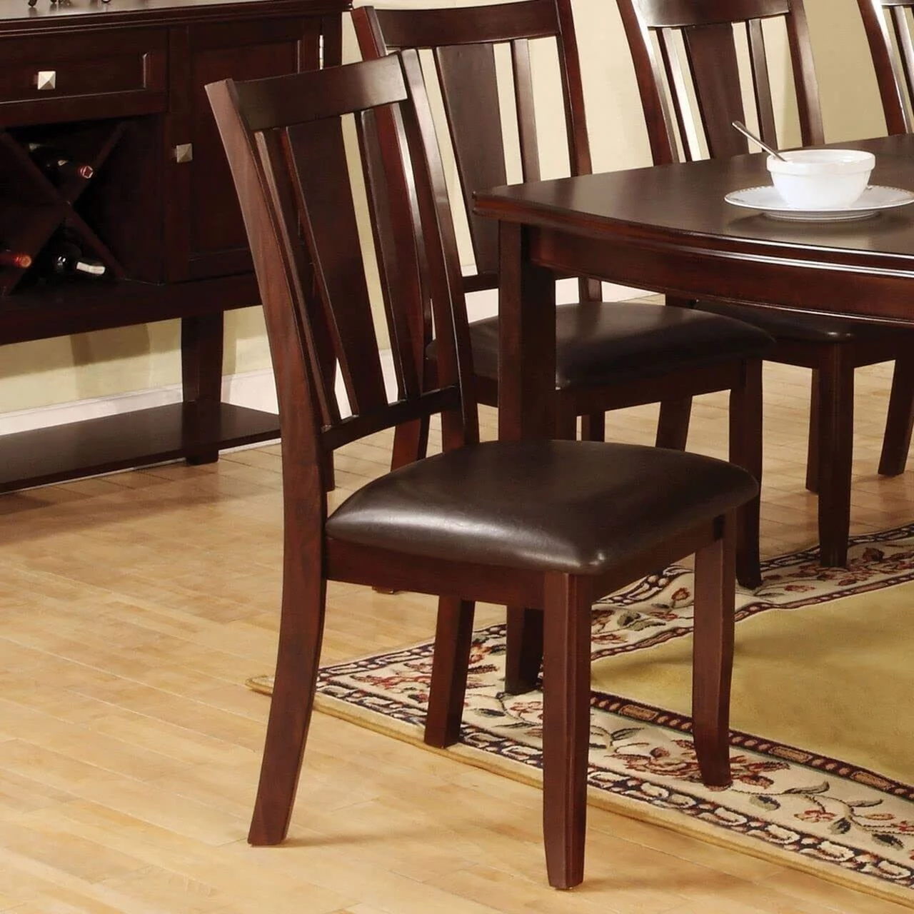 Transitional Dining Room Set of 6 Dining Side Chairs Espresso Solid wood Leatherette Cushion Seat Unique Back Design Furniture