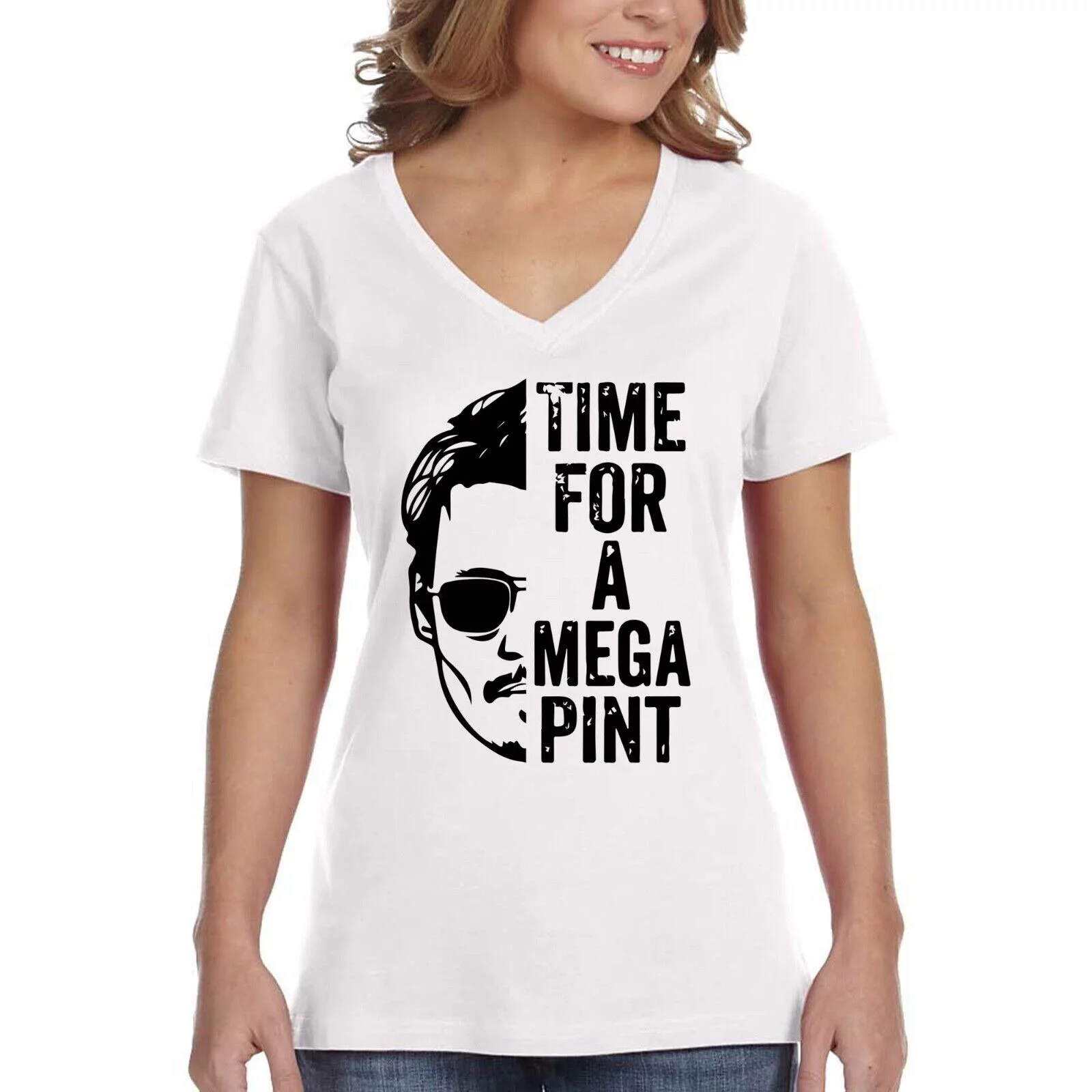 XtraFly Apparel Women's Time for Mega Pint V-neck T-shirt, Johnny Depp Happy Hour, Amber Heard