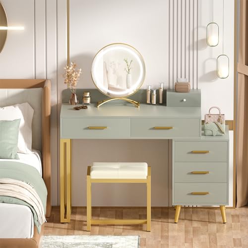 White Vanity Desk with Mirror and Lights, Modern Makeup Vanity Table Set with 6 Storage Drawers and Cushioned Stool for Bedroom, Dressing Table with Divided Organizers for Women Girls, White