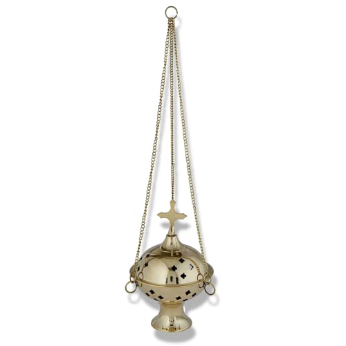 Needzo Brass Hanging Censer Incense Burner with Cross, Catholic Decor for Home or Church, 12 Inch Chain