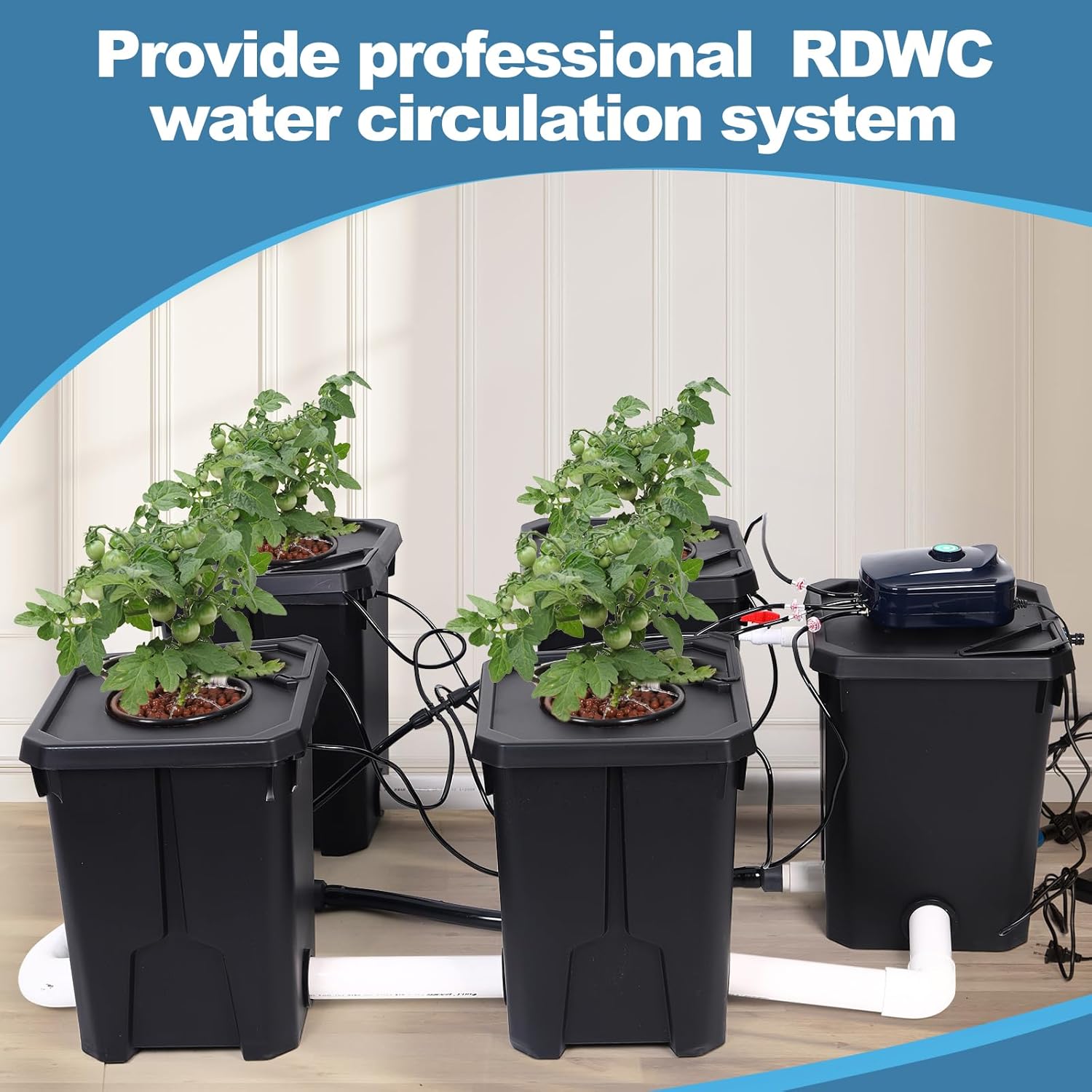 RDWC Hydroponics Grow System 4 Site + Reservoir, 7-Gallon Top Drip Recirculating Deep Water Culture Hydroponic Bucket System, Hydroponics Growing System Kit with Water Pump, Air Pump