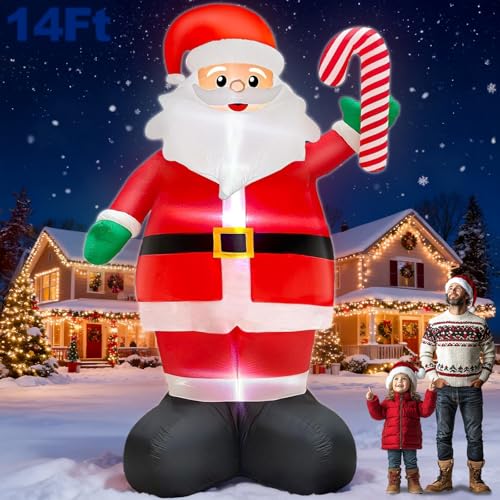 14 FT Giant Christmas Inflatable Santa Claus Outdoor Decorations,Blow Up Yard Decoration with Candy Cane Built-in LED Lights for Xmas Outside Decor Holiday Lawn Garden Party Decorations