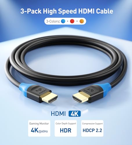 Cable Matters 3-Pack High Speed HDMI Cable 15 ft with 4K @60Hz, 2K @144Hz, FreeSync, G-SYNC and HDR Support for Gaming Monitor, PC, Apple TV, and More
