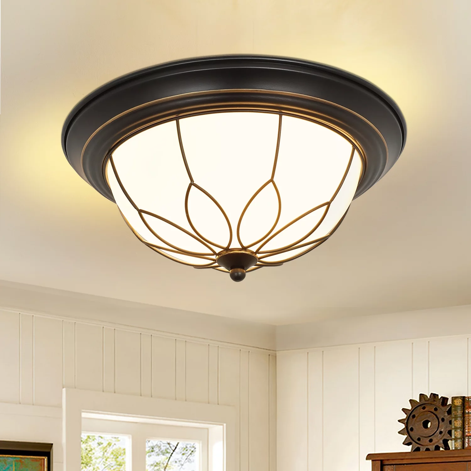Depuley Glass Flush Mount Ceiling Light Fixture, Vintage Ceiling Light Close to Ceiling Light for Living Room Bedroom Kitchen Hallway Patio, E26 Socket