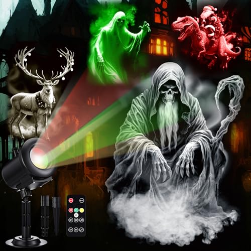 12 in 1 Halloween Projector Lights Outdoor 2025 Upgrade 3D Dynamic Window Indoor Decorations Skull Ghost Bats Witch Scary HD Patterns, 4 Colors, with Remote for Holiday House Garden Decor(Halloween)