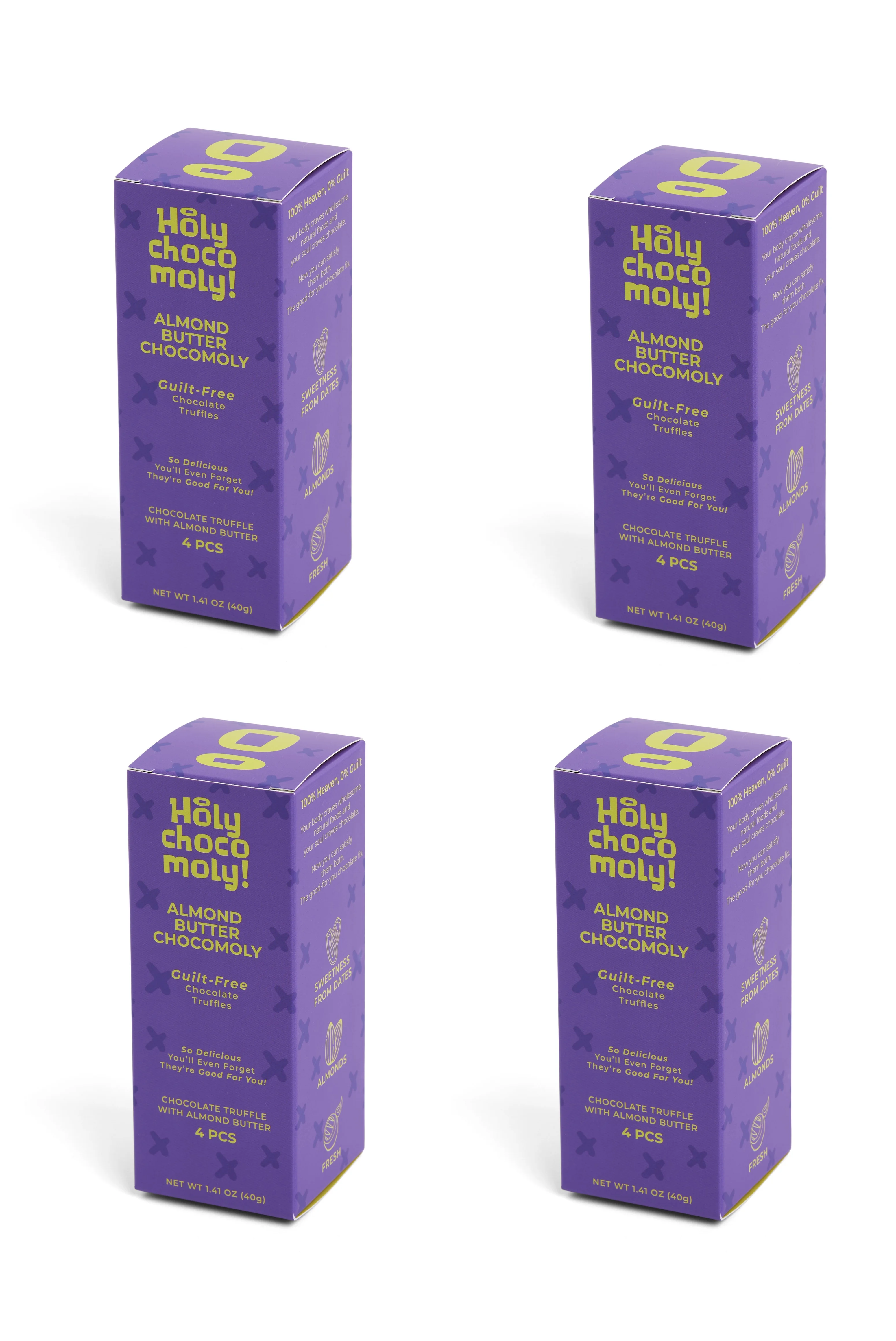 Holy Chocomoly! | 4 Pack Almond Butter Chocolate Truffles | Low in Refined Sugar, Whole Food Ingredients | Made With Dates and Real Nut Butters | On the Go Snacks | 4 Truffles/Box, 16 Count
