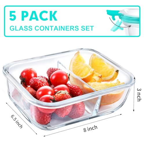 VERONES 5 Pack Glass Meal Prep Containers 2 Compartment Set, 36OZ Airtight Glass Lunch Containers, Glass Food Storage Containers with Lids, for Microwave, Oven, Freezer & Dishwasher Friendly,Grey