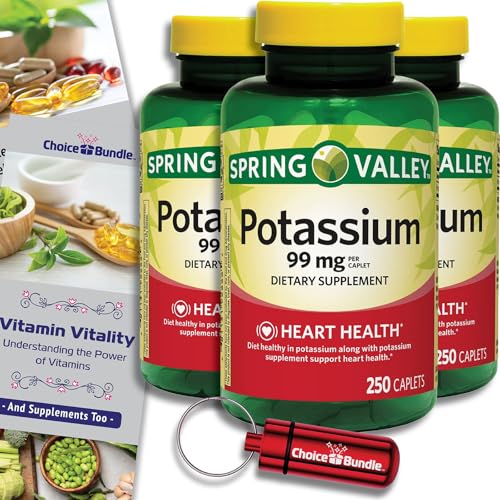 Spring Valley Potassium Heart Health Dietary Supplement Caplets 99 mg 250 CT 2 pk (500 Total) + “Vitamin Vitality” Guide & Keychain Pill Container (4 Items)!