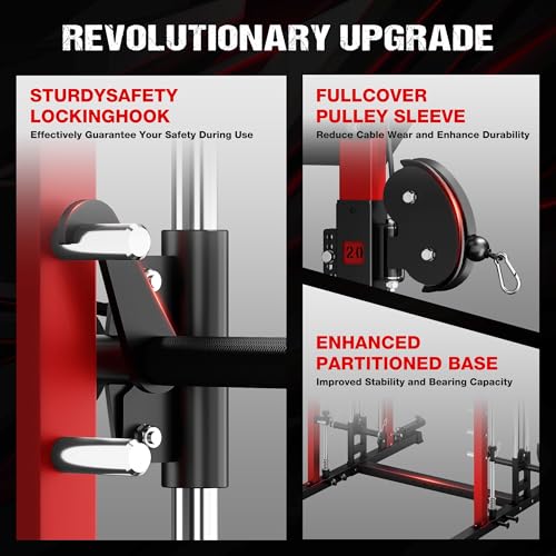 M21 Smith Machine, Multi-Function Power Cage with Dual Pulley Cable Crossover System, 2000LBS All-in-One Squat Rack with Smith Bar and Attachments