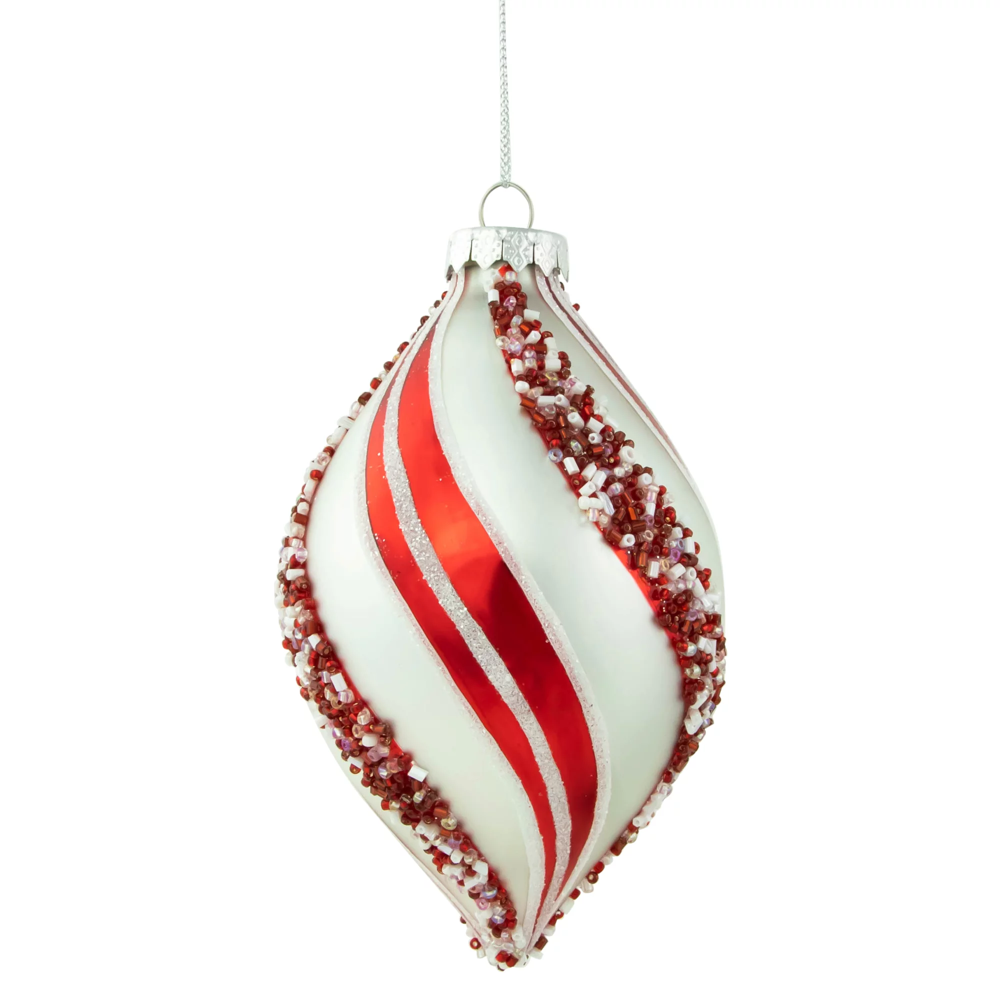 Northlight Set of 2 White and Red Glitter and Beads Striped Finial Glass Christmas Ornaments 5.5
