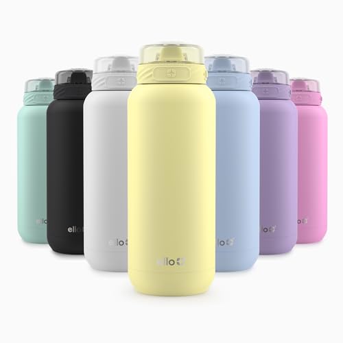 Ello Cooper 32oz Stainless Steel Water Bottle with Straw and Carry Handle, Double Walled and Vacuum Insulated Metal, Leak Proof Locking Lid with Soft Silicone Spout, Reusable, BPA Free, Yucca