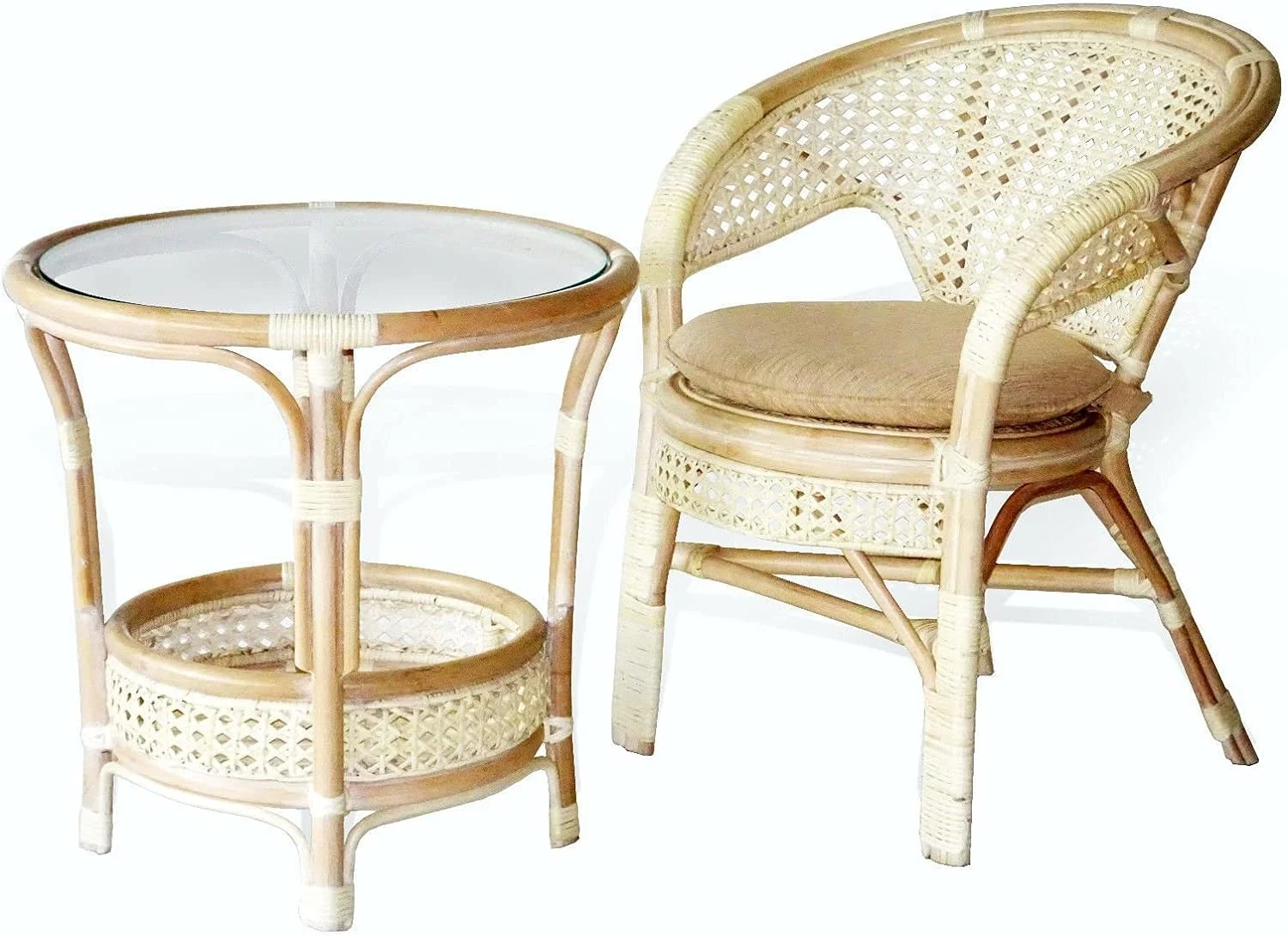 TJUNBOLIFE Pelangi Handmade Rattan Round Wicker Coffee Table with Glass  White Wash