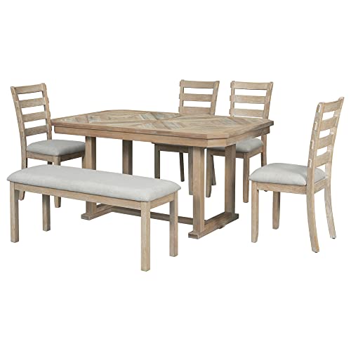 Merax 6-Piece Rubber Wood Dining Table Set with 4 Cushioned Chairs and Bench, Beautiful Grain Pattern Tabletop, Light Gray